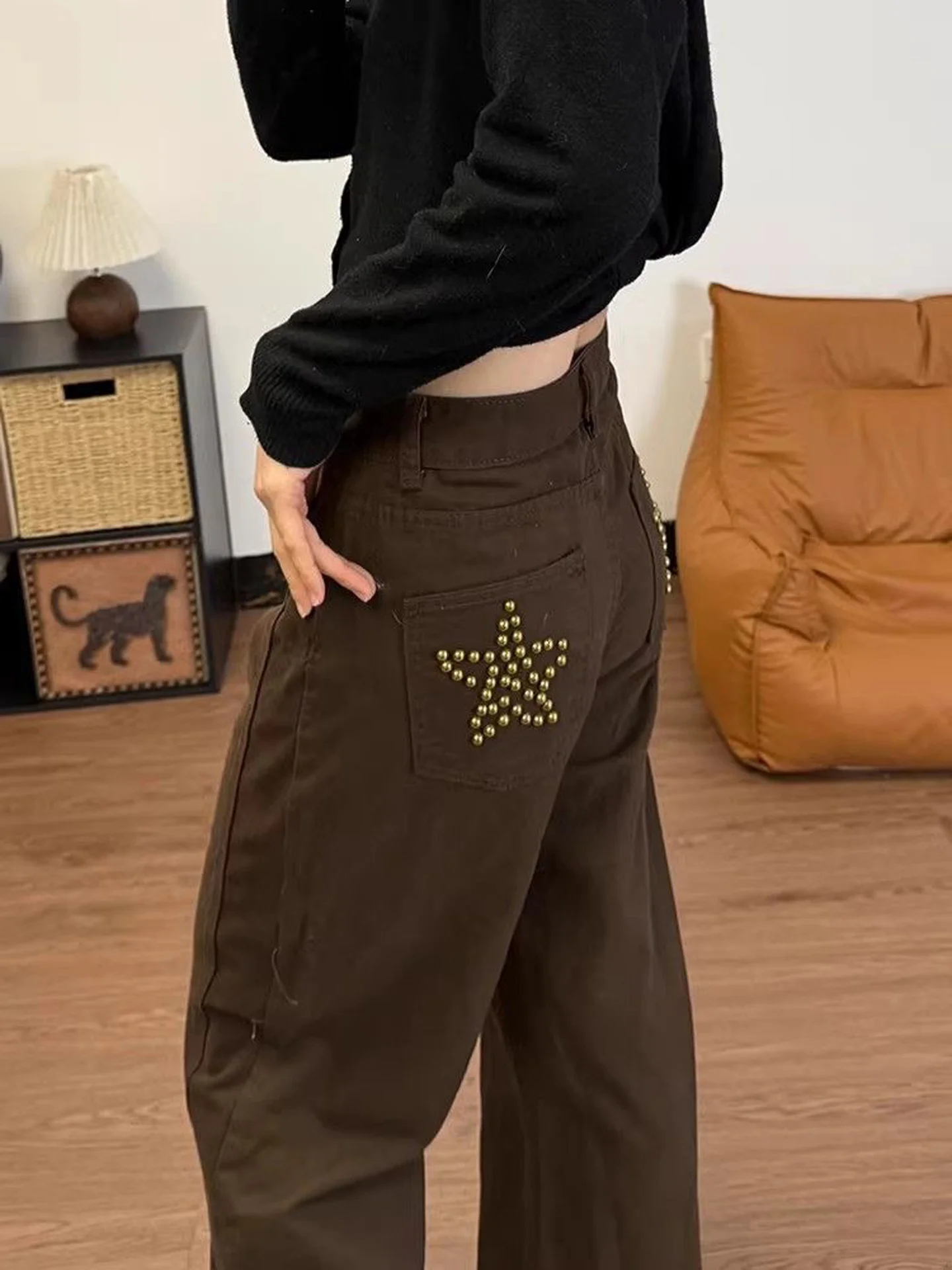 Retro Star Splicing Loose Wide Leg Jeans Women's Autumn New Style Versatile Vintage Jeans Denim Pants with Rivets Natural Waist