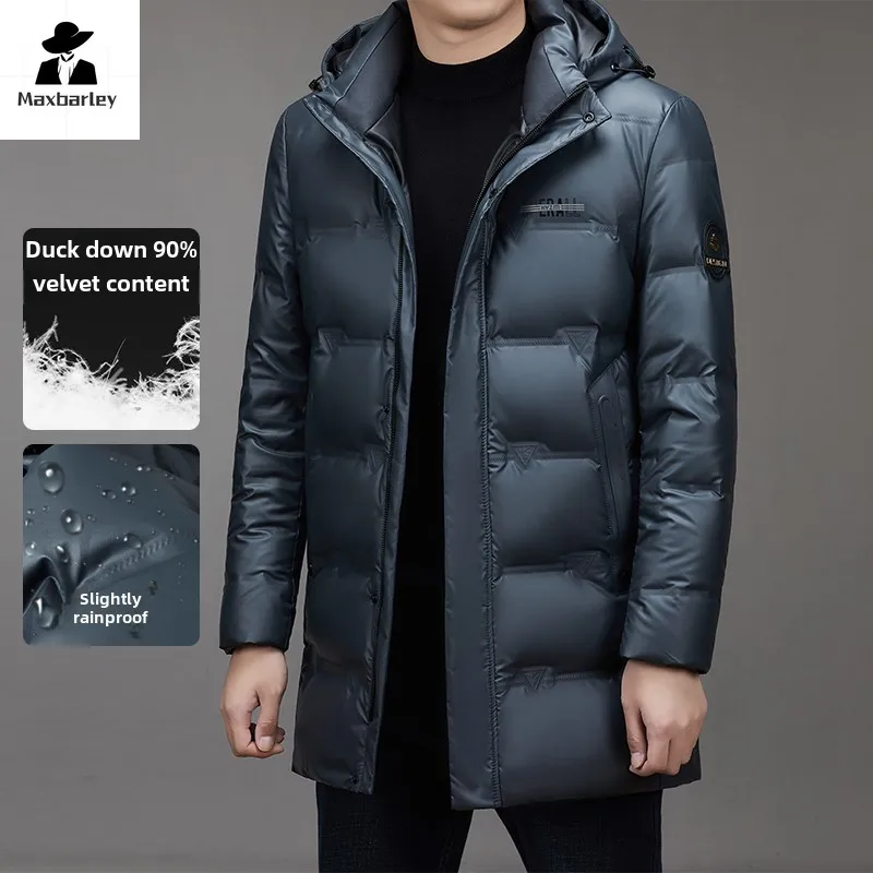 Lange Jacke aus 90 % Entendaunen für Herren, Winter, dick, warm, abnehmbar, mit Kapuze, Daunenjacke, lässig, PU-Leder, wasserdichter Mantel,