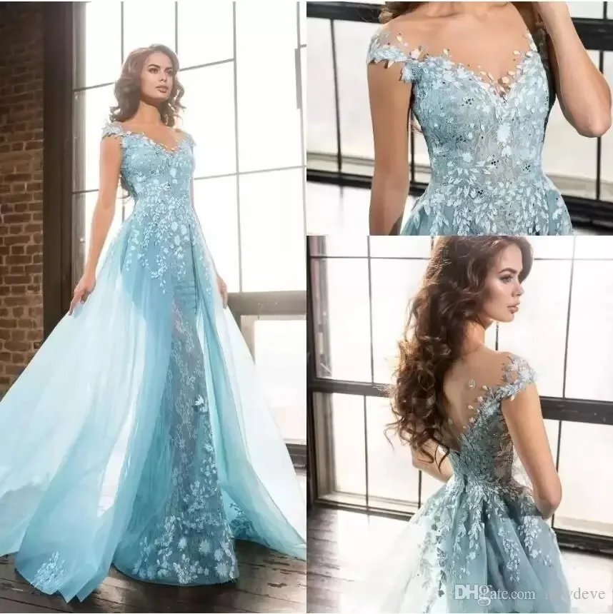 Vestidos de Noche de lujo, vestido de fiesta árabe, azul claro, sirena, transparente, joya de encaje, apliques de cuentas, tren de barrido, para ocasiones especiales