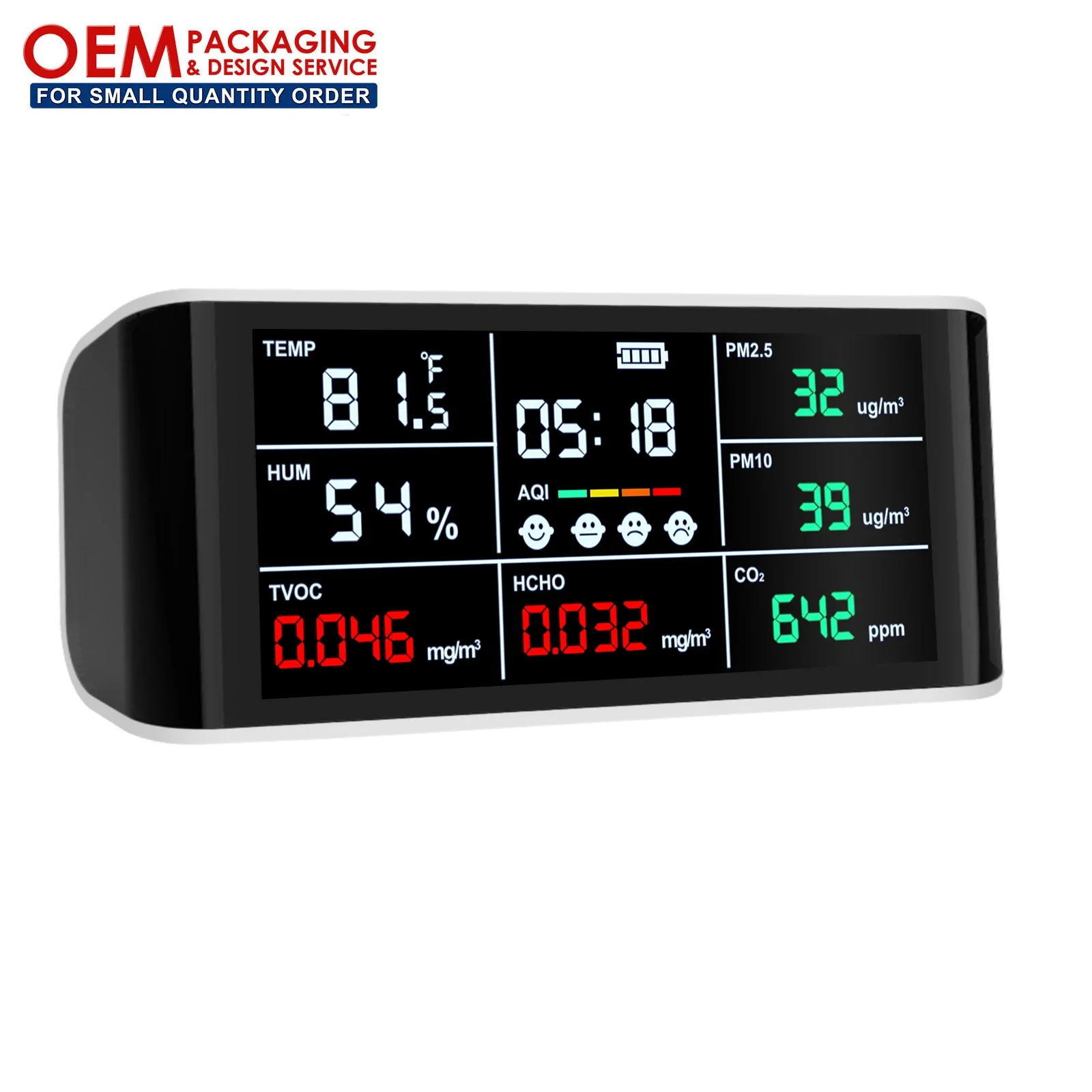 Portable Design Air Quality Monitor CO2 Detector Colored Screen USB Powered HCHO, TVOC, AQI, PM2.5/10, Temp & Humidity