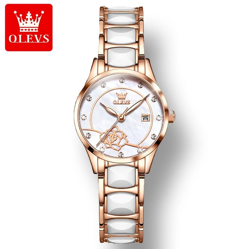 OLEVS 3606 Fashion Quartz Watch Gift Round-dial Ceramic Watchband Wristwatch Calendar Luminous