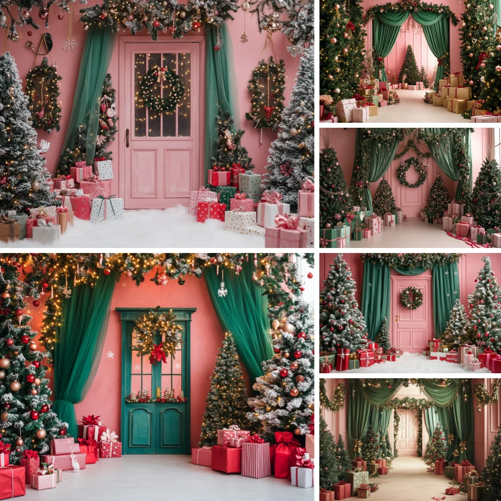 

Pink Christmas Photography Backdrop Winter New Year Party Tree Door Decorations Photo Backgrounds Studio photography background