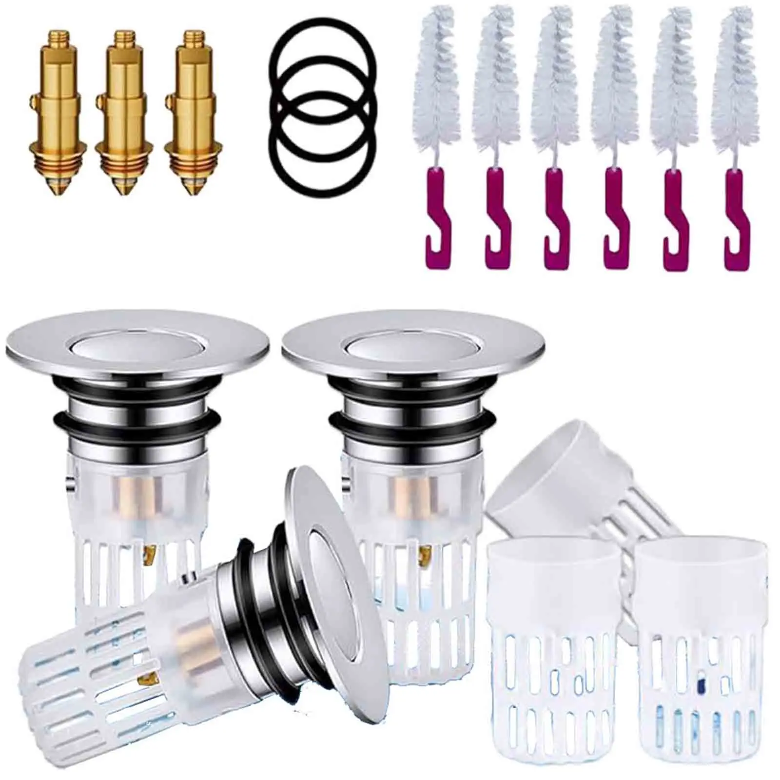 3pcs Pop-up Bounce Core Drain Filter Hair Catcher Deodorant Steel Bath Stopper Push-type Bathroom Hair Filter Sink Bathtub