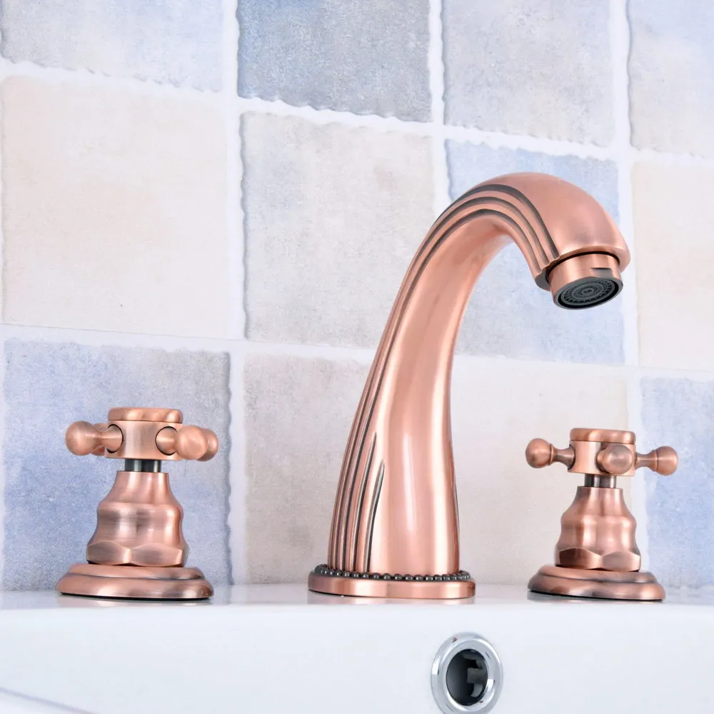 

Bathroom double handle faucet Antique Red Copper faucet Basin sink Mixer Tap 3 hole two handle faucet Nsf535