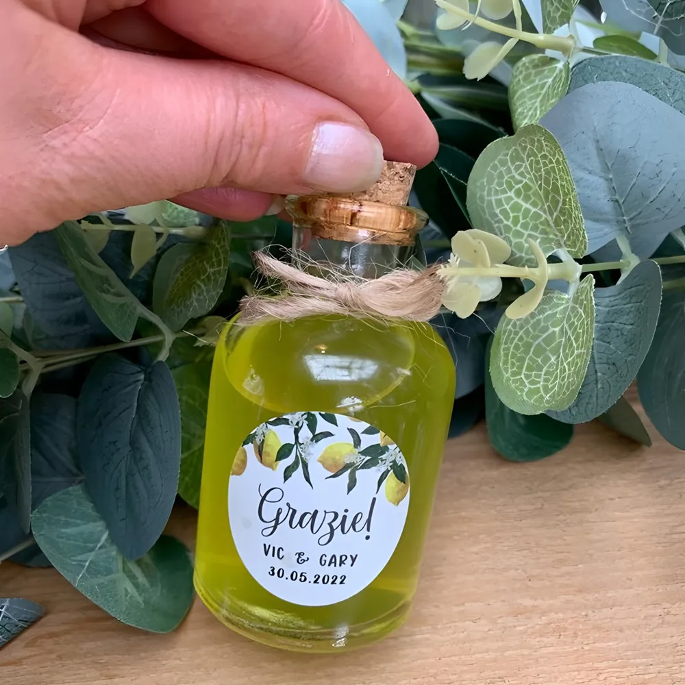 Favores de boda personalizados de Limoncello, etiquetas circulares para botellas, etiquetas de regalo