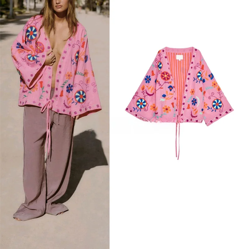 

Autumn Women's Loose Long Sve Embroidered Double Breasted irt Casual Sle Polyester Fabric Skin-friendly Breathable