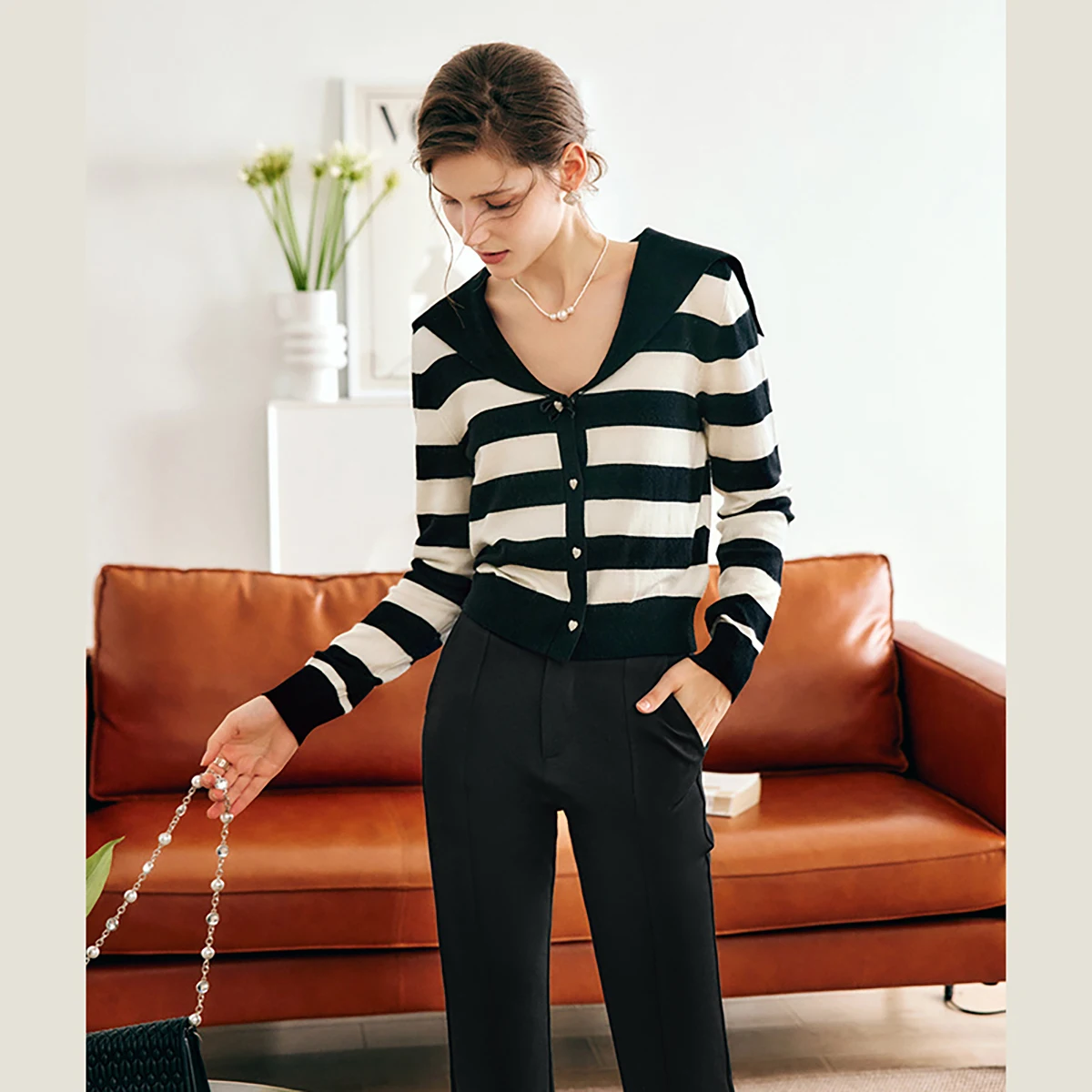 

OLrain Sailor Collar Striped Cardigan Woman 2025 Autumn Single Breasted Knitwear Long Sleeve Short Female Sweater O22QZ58931