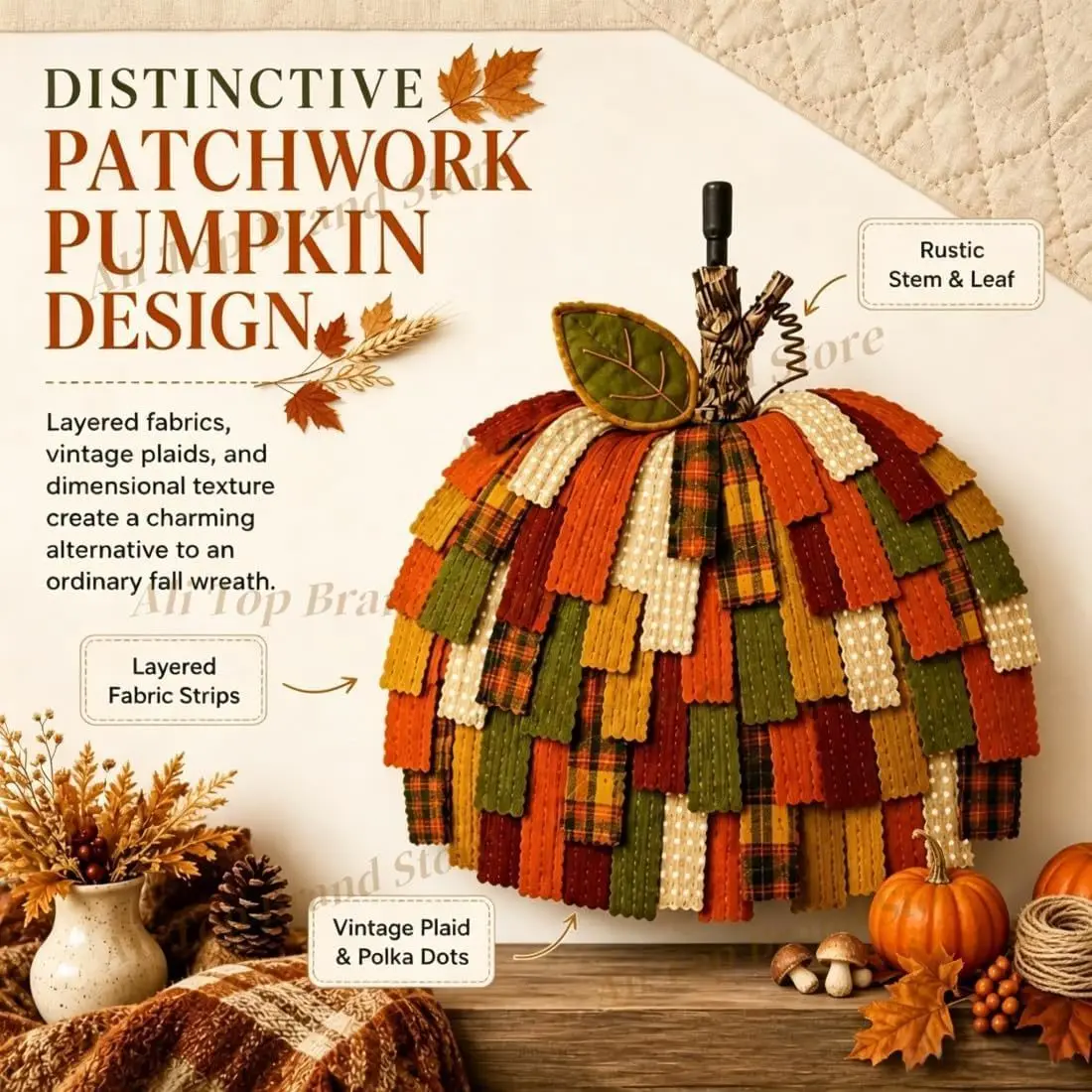 2026 New Handmade Patchwork Pumpkin Door Hanger,Autumn Fabric Pumpkin Door HangerWarm Rustic Fall and Thanksgiving Home Decor