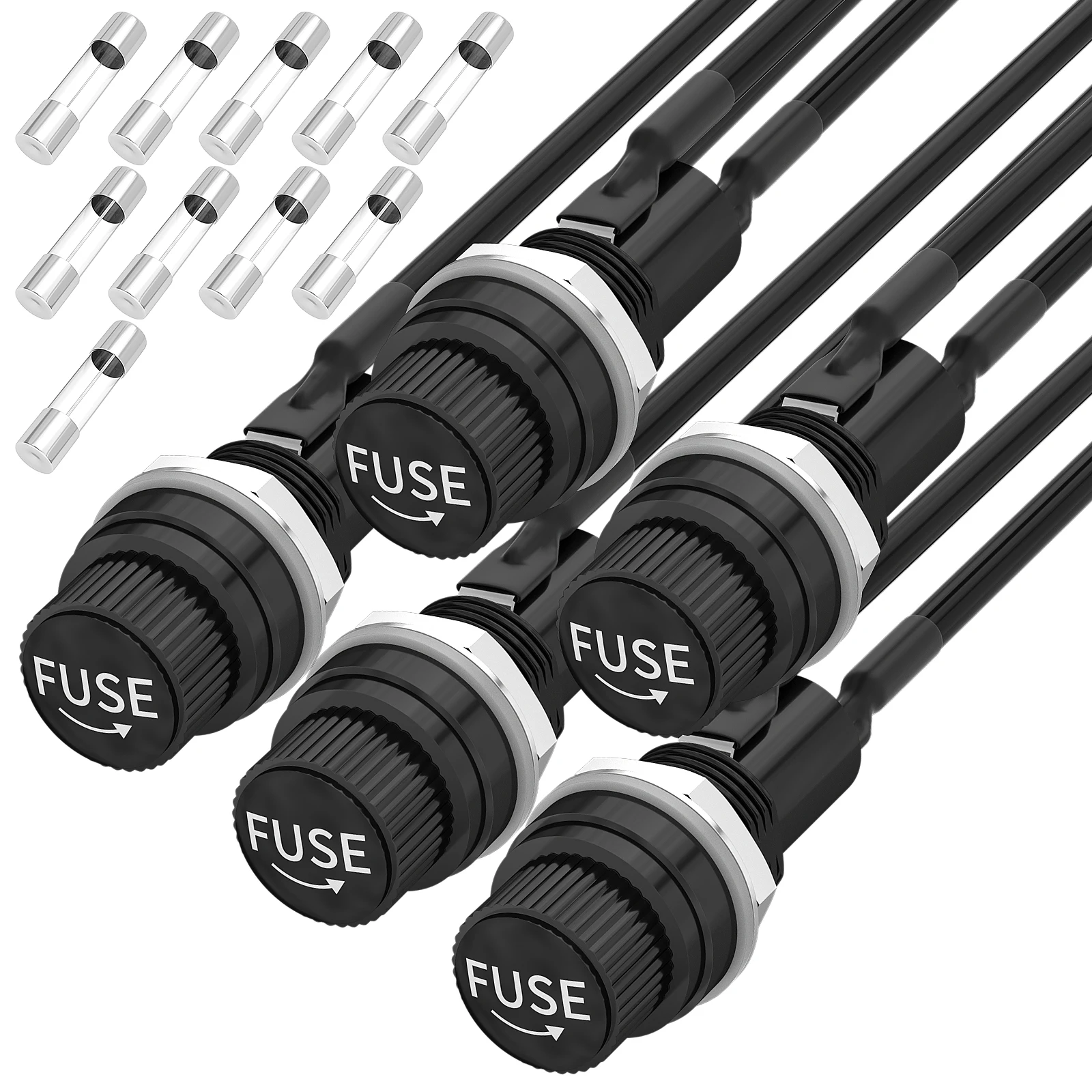 5PCS Panel Mount Fuse Holder 5x20mm 12VDC Screw Cap Fuse Holder with Pre-Soldered Wires & 10A 15A Fast-Blow Glass Tube Fuse