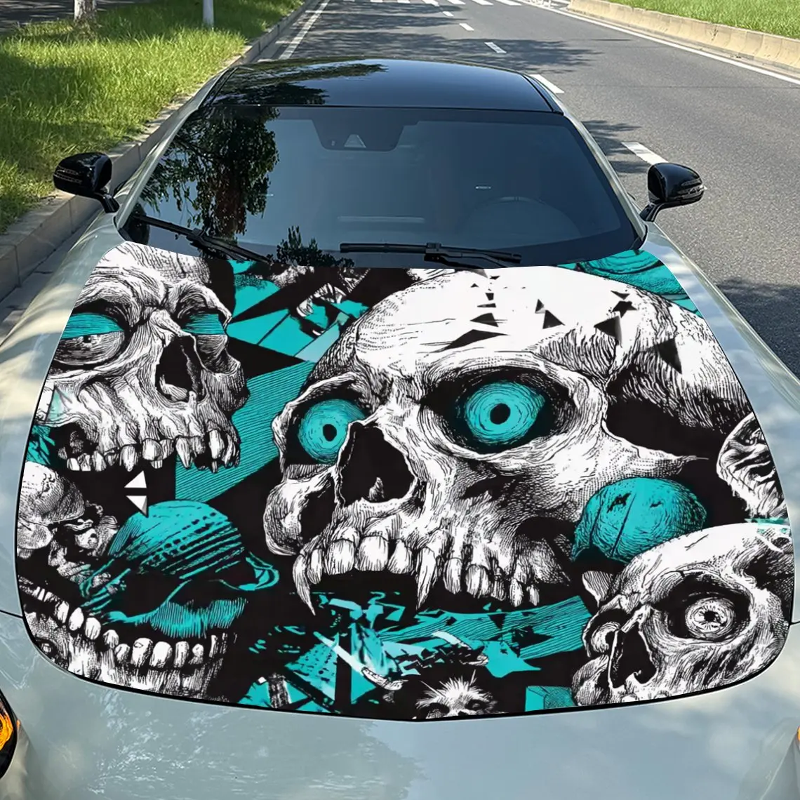 Graffiti Skeleton Car Hood PVC Sticker, Durable Vinyl Wrap Film Suitable For Most Vehicles, Car Hood Protective Film Gift