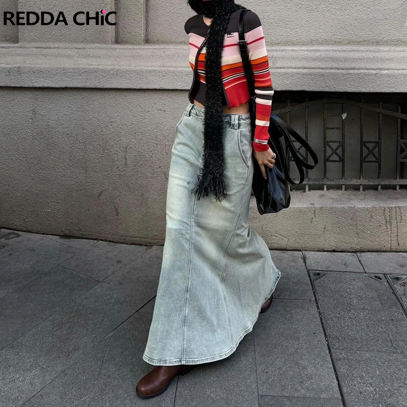 

ReddaChic 90s Distressed Green Denim Skirt with Split Women Vintage Maxi Long High Waist Fishtail Jeans Skirt Korean Streetwear