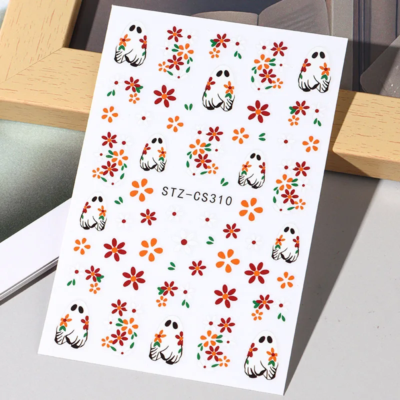 2 pezzi adesivi per nail art 3D Halloween fantasma spettrale e fiore decalcomanie autoadesive per cursori disegni simpatici cartoni animati per manicure festive