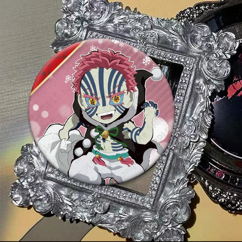 Insignia de demonio de Anime Akaza, alfileres hechos a mano exquisitos de dibujos animados, broches de diseño a presión de 32/44/58mm para mochila, accesorios de regalo para ropa