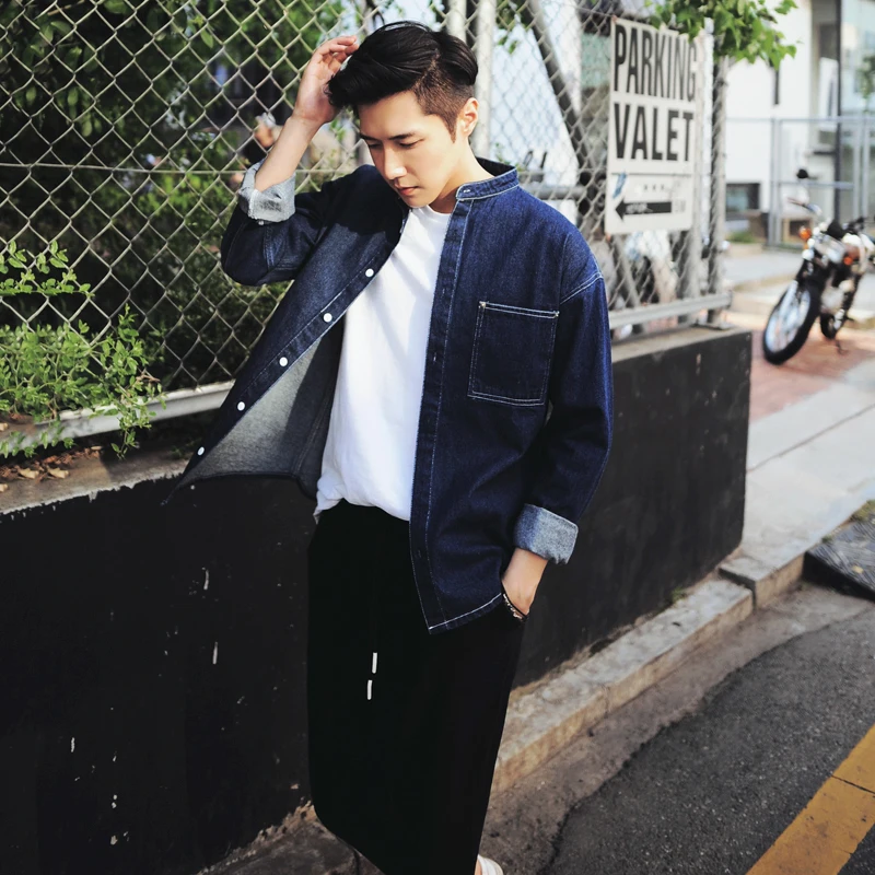 

Loose Long Sve Stand Collar Jeans irt Men's Faionable Casual Cotton Polyester Blend Autumn Wear No Iron Treaent