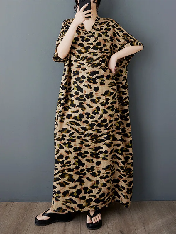 

Повседневное свободное платье Batwing Sve V-Ne ort Sve с леопардовым принтом Dr, женское летнее платье больших размеров Vaion Loose Fit Maxi Dr