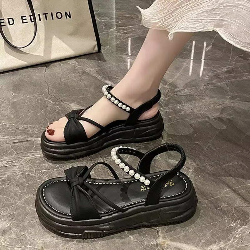 Thick-soled Heightening Sandals for Women Summer New Fashion Bow Pearl Strap Platform Sole Simple Beach Soft-soled Comfort Shoes