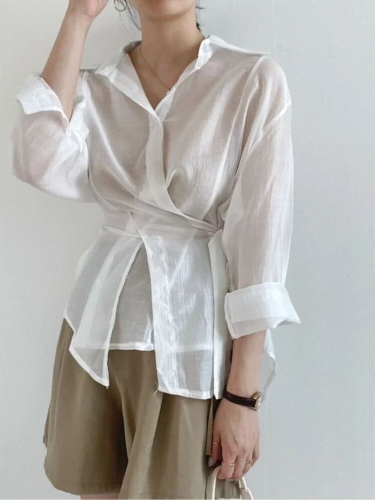 

Korean Sle Chic Vintage Long Sve irt Women's Design Simple Pure Color Button up Collar Asymmetrical Fem Top