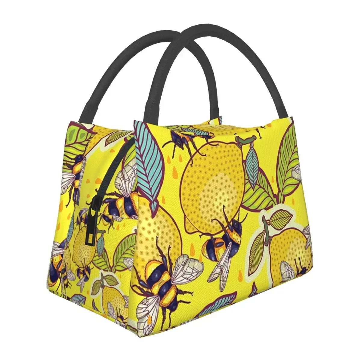 Yellow Lemon And Bee Garden Lunch Bags Insulated Bento Box Leakproof Lunch Tote Picnic Bags Cooler Thermal Bag for Woman Office