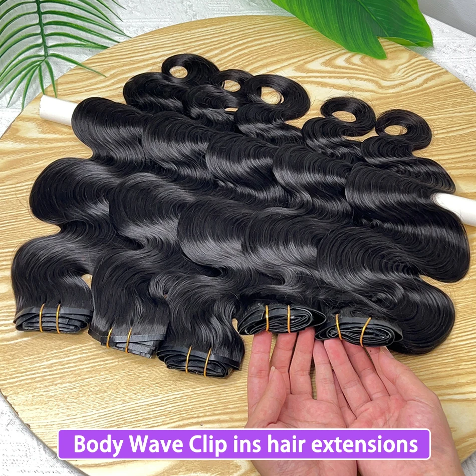 Body Wave Clip Ins Human Hair Extensions #1B Natural Black Color 100g/Set 7pcs Seamless Invisible PU Weft 100% Virgin Hair