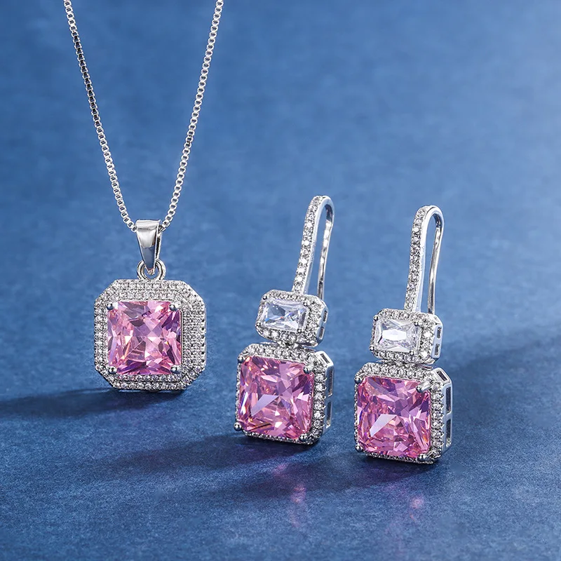 

Zhu Live Hot Selling Genuine Pink Pendant Earrings Necklace Set for Women with Main Crystal10*10