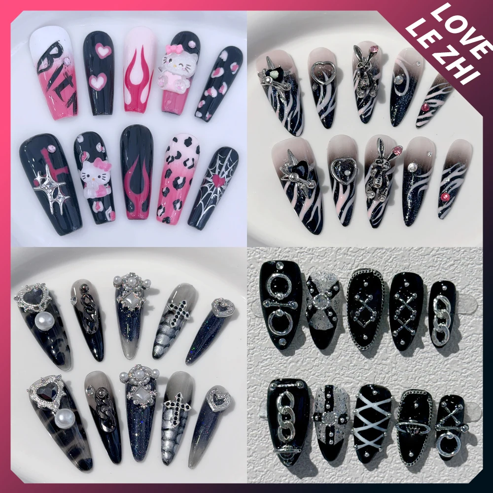 

Diy Hello Kitty Kuromi Nail Art Dark Metal Diamond Goth Punk 3D Rhinestone Handmade Y2K Almond Press On Nails Tips Manicure