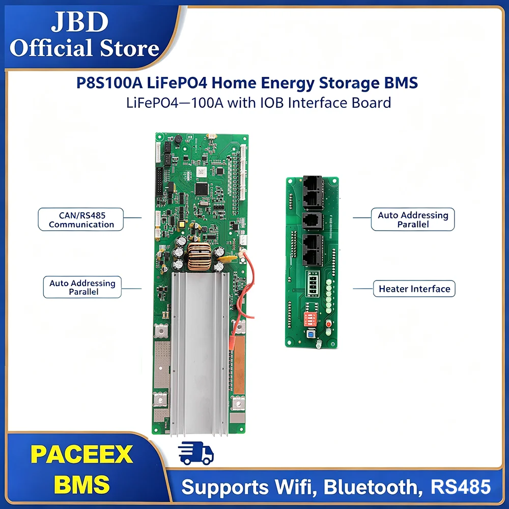 PACEEX LifePO4 BMS 16S 100A 200A Support WiFi Bluetooth Battery Protection Board CAN RS485 RS232 Communicate to Inverter 48V