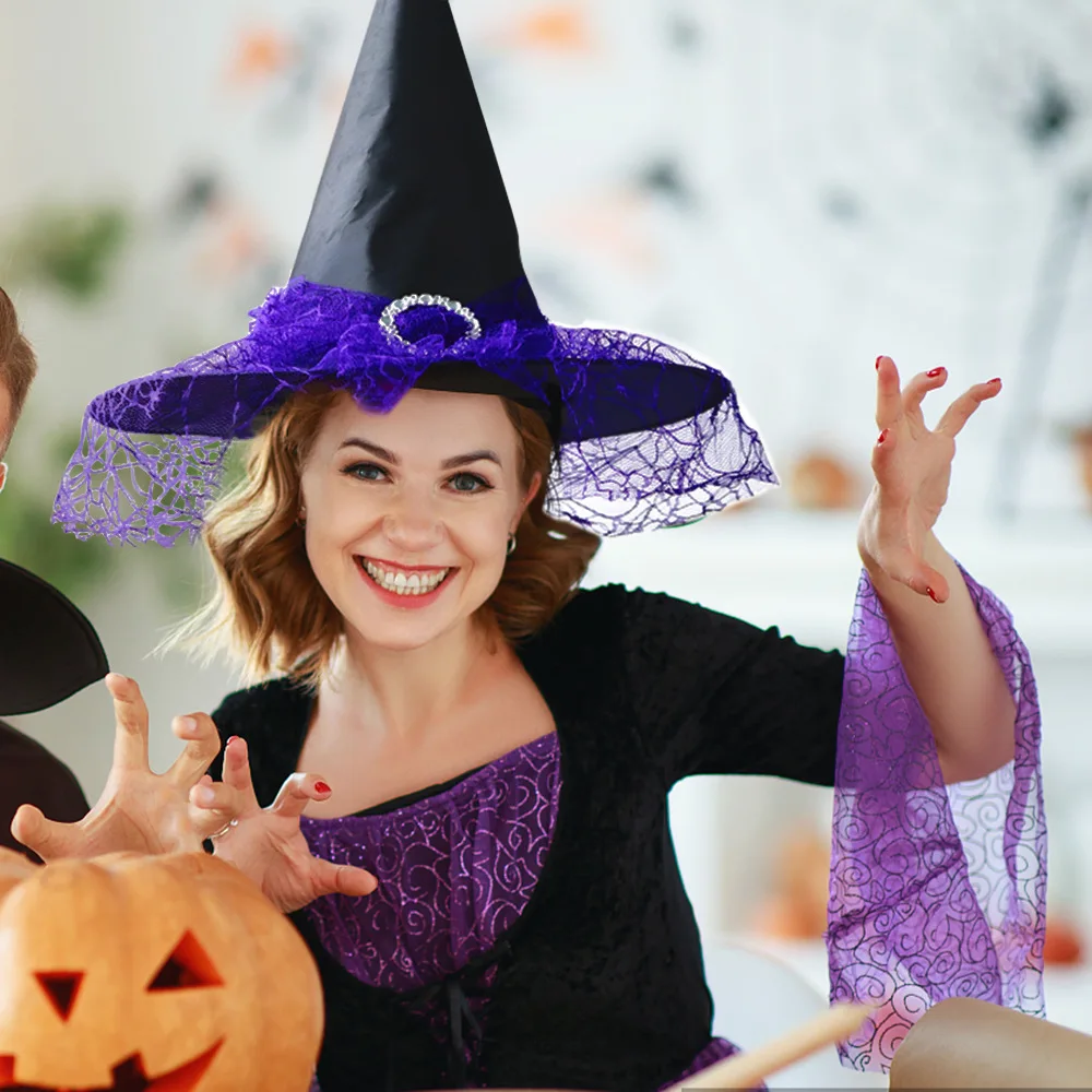 10pcs Kids Wizard Witch Hat with See‑through Lace Veil Printed Cosplay Accessory Holiday Party Costume Cap for Halloween