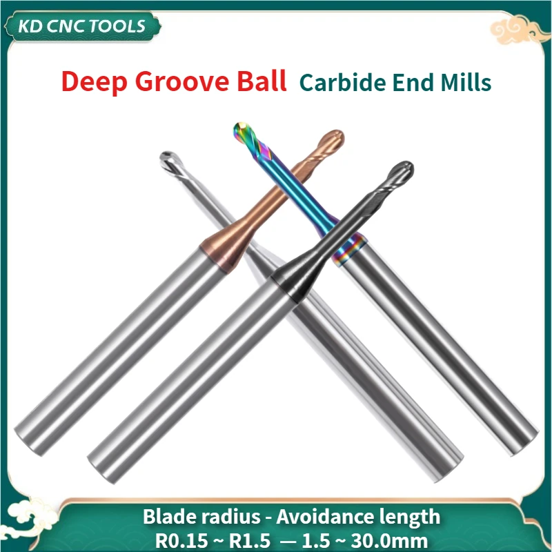 

KD CNC Deep Groove Long Neck 2 Flutes Ball End Milling Cutter End Mills Made of Hard Alloy for Steel / aluminum R0.15-R1.5