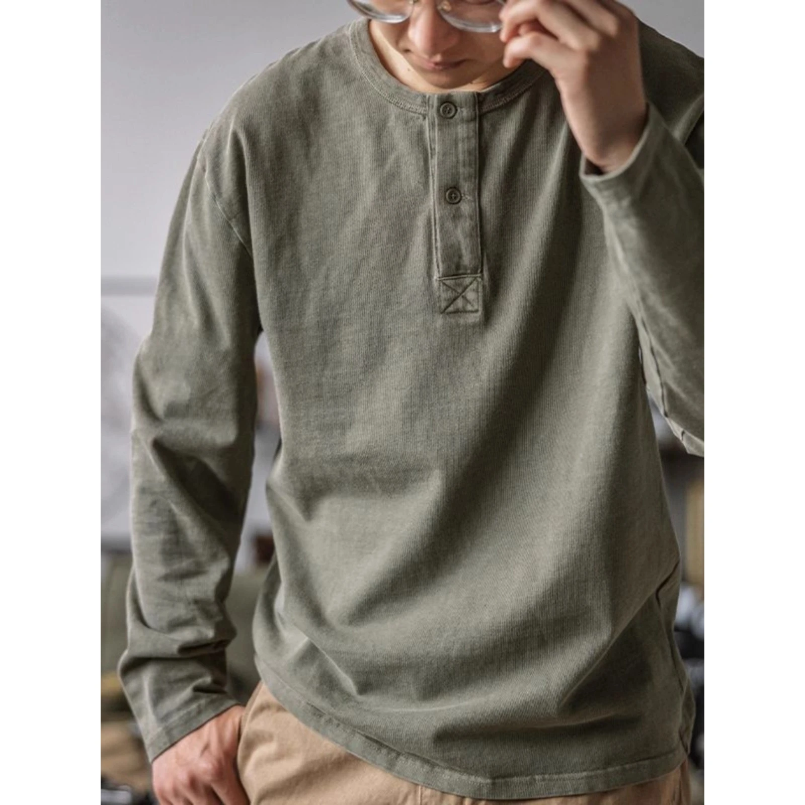 قميص هنري أمريكي كبير الحجم بوزن 300 رطل بأكمام طويلة وياقة فضفاضة للرجال، طبقة أساسية متعددة الاستخدامات للخريف #5