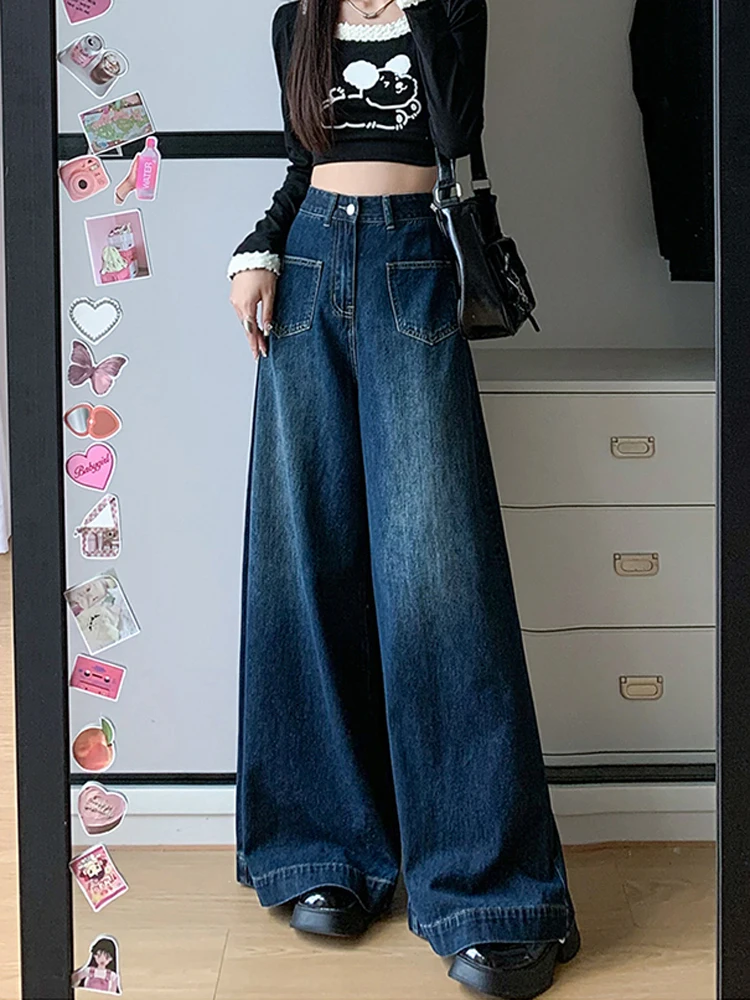 Calça jeans folgada de cintura alta feminina, moda Harajuku vintage, jeans de perna larga, roupas femininas, moda verão, Y2K