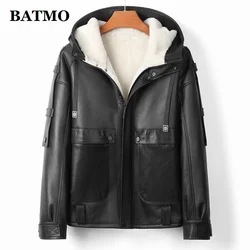 BATMO natural sheepskin leather hooded jacket men,men's winter warm thick parka ,men's coat WW265