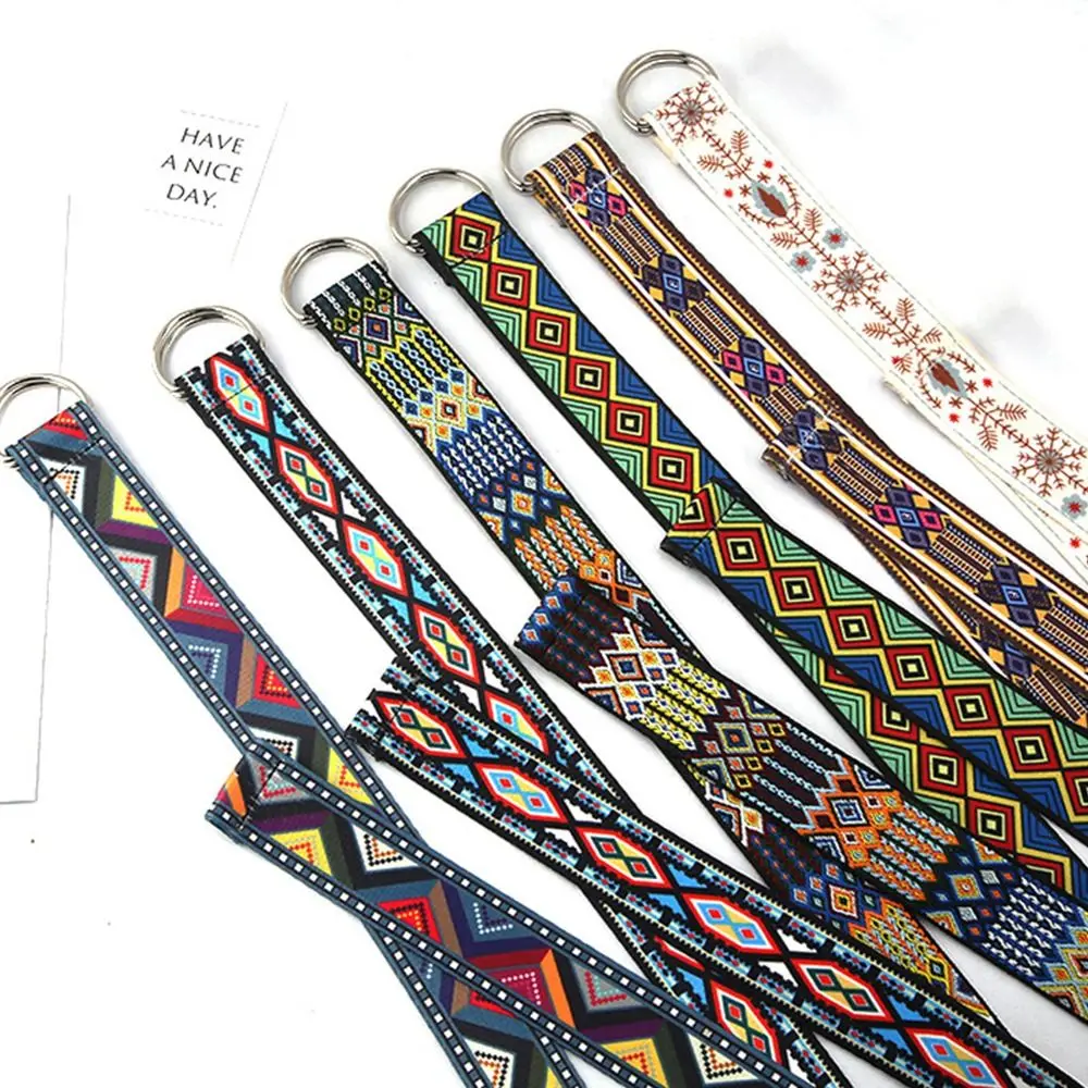 Women Men Nylon Braided Canvas Double Ring Buckle Ethnic Style Versatile Jeans Student Trend Belt Waistband