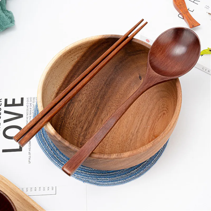 High Quality Natural Wooden Large Soup Spoon Ramen Noodles Chopsticks Porridge Meat Soup Scoop Kitchen Cutlery Set Accessories