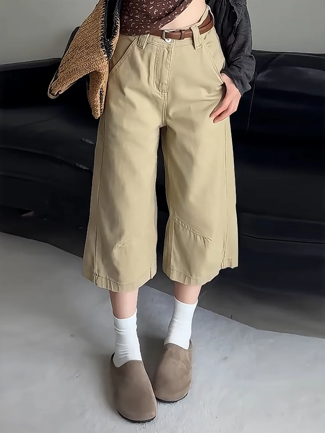 

Khaki Color Women's Loose Straight Leg Jeans High Waist Slimming Summer New plus Size MM Commute Style Pure Color Denim Pants