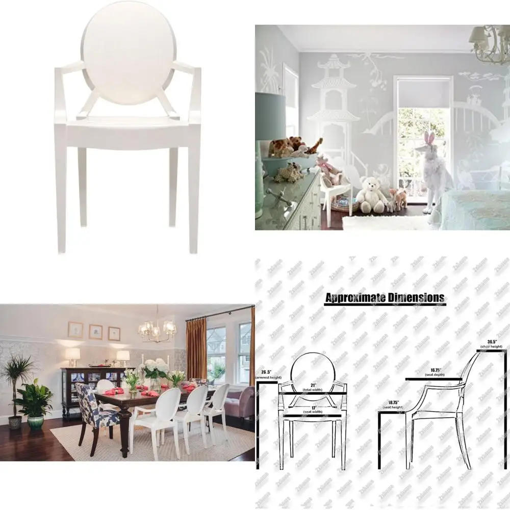 كرسي طعام عصري معاصر على طراز Louis XIV - كرسي شبح أبيض بأذرع، كرسي شبح أنيق لغرفة الطعام