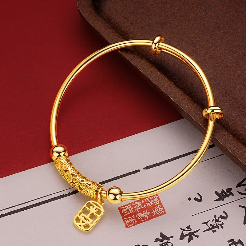 

New Chinese Style 9999 24K Real Gold Chinese Style Women's Xiangyun Curved Tube Safety Bracelet Adjustable Push-pull Bracelet