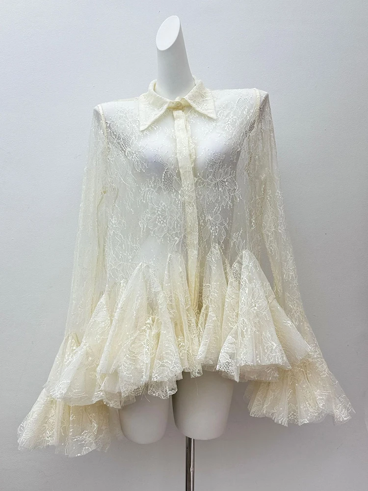 Sexy doorzichtige kant patchwork lovertjes uitlopende mouwen shirt 2025, herfst damesmode meerlaagse gegolfde losse jurk