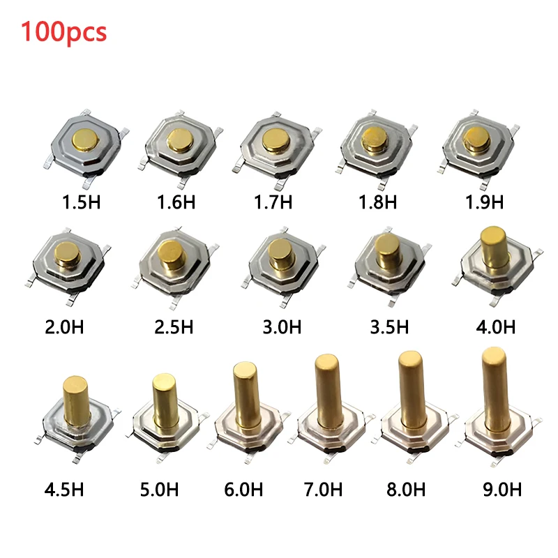 100pcs Tactile Switches 5.2x5.2 Smd Push Button 4*4*1.5mm/1.6/1.7/1.8/1.9/2/2.5/3/3.5/4/4.5/5/6/7/8/9 12V Copper Head Self-reset