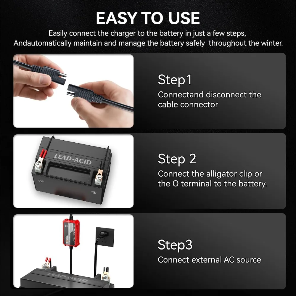 [عبوة من قطعتين] شاحن هزيلة أوتوماتيكي بالكامل، شاحن بطارية السيارة الذكية 1000 مللي أمبير 12 فولت، صيانة البطارية، شاحن عائم للموتو