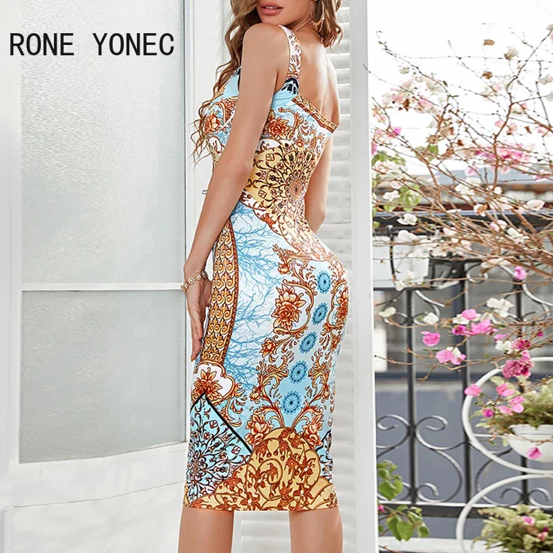 Women Sexy All Over Print Vintage Pattern Sleeveless Bodycon Midi Sexy Party Dresses