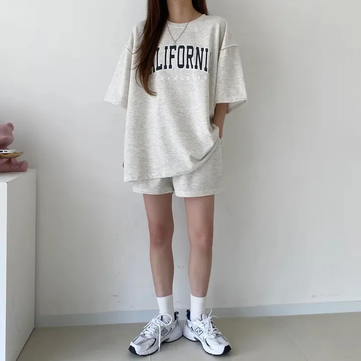 Summer Shorts and T Shirt Set Women Korean Fashion 2 Piece Sets Loose Cotton printed Suit Oversized Women\'s Tracksuit 2024