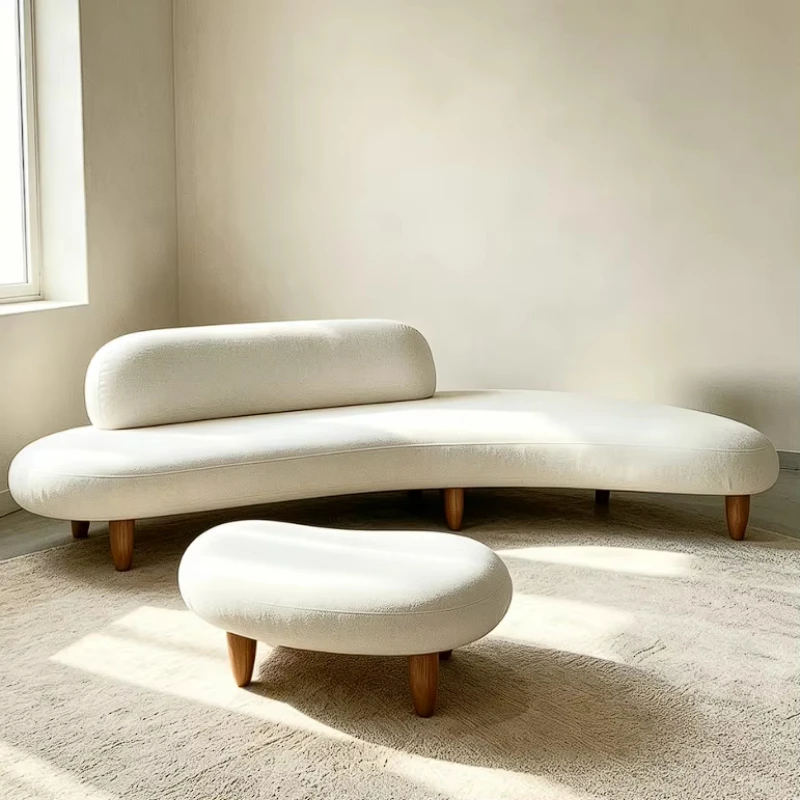 Nordic home furniture cream crescent curved living room upholstered sofa footstool set is suitable for apartment villas