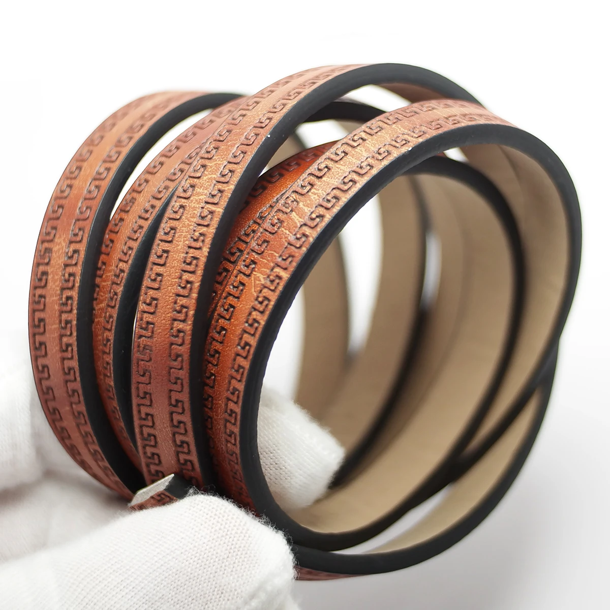 45inches Brown Wraparound Embossed Leather Cord,10mm Leather Strip,Three-Dimensional Texture Bracelet Making,Vintage Craft cord