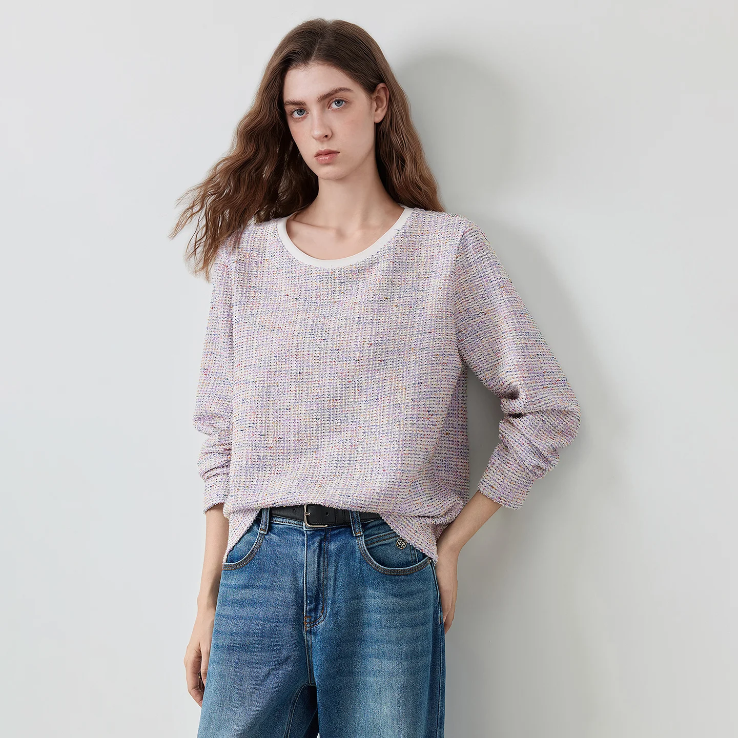 TOYOUTH Women's T-Shirt 2026 Autumn New Knitted Tweed Long Sleeve Loose Crew Neck Elegant Tops