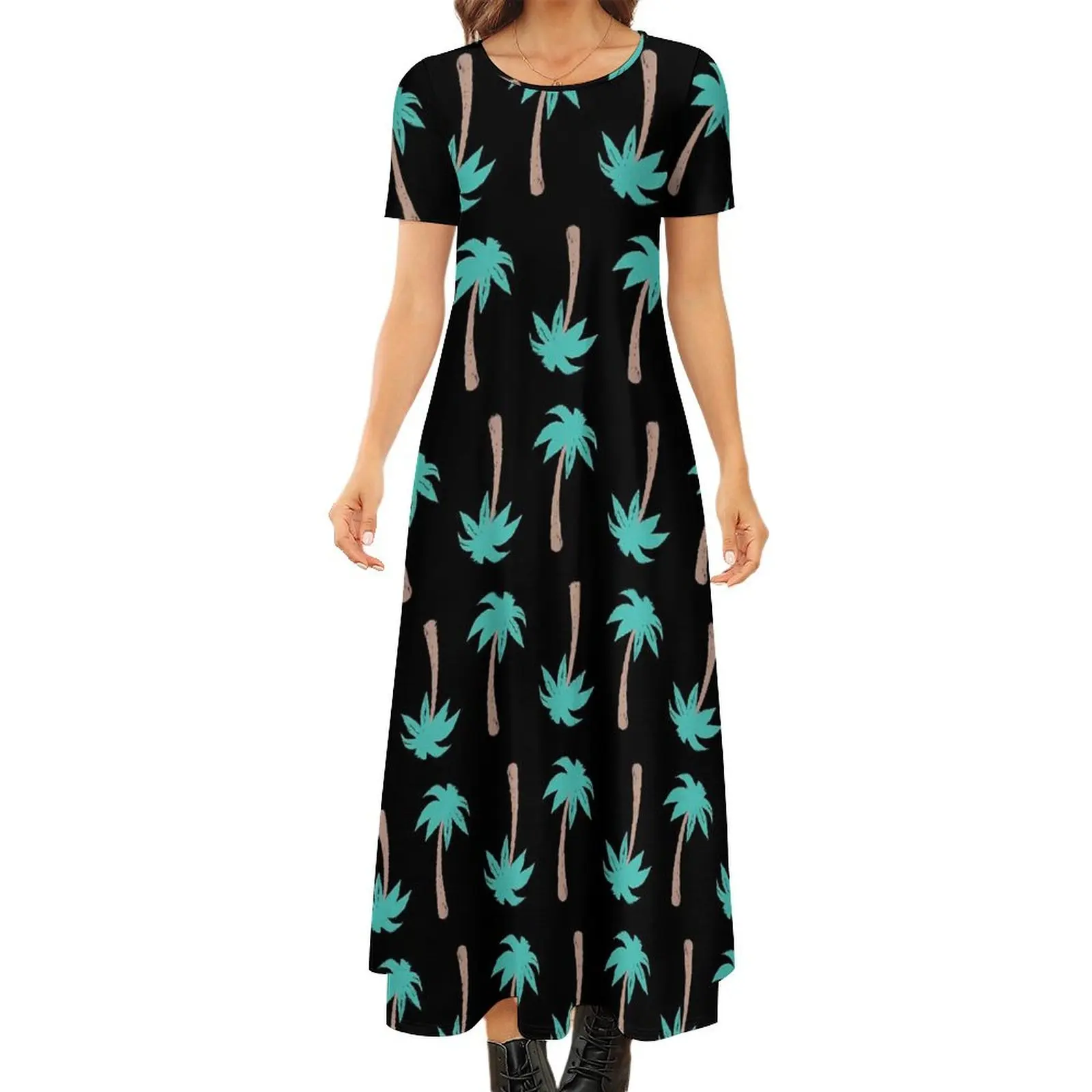 

Palm Trees Dress Plant Print Elegant Maxi Dress Short Sleeve Streetwear Bohemia Long Dresses Female Printed Oversized Clothes