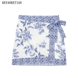 KEYANKETIAN 2024 New Launch Women Wrap style printed mini skirt Summer Blue White Flowers High-waisted A-line Skirt