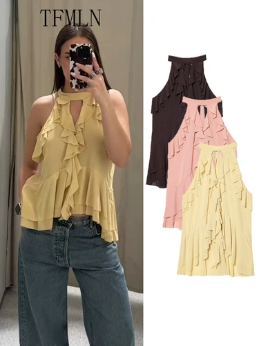 TFMLN 2025, blusa Halter escalonada de verano para mujer, moda sin mangas con volantes, Tops finos informales elegantes, Tops dulces de calle alta para mujer