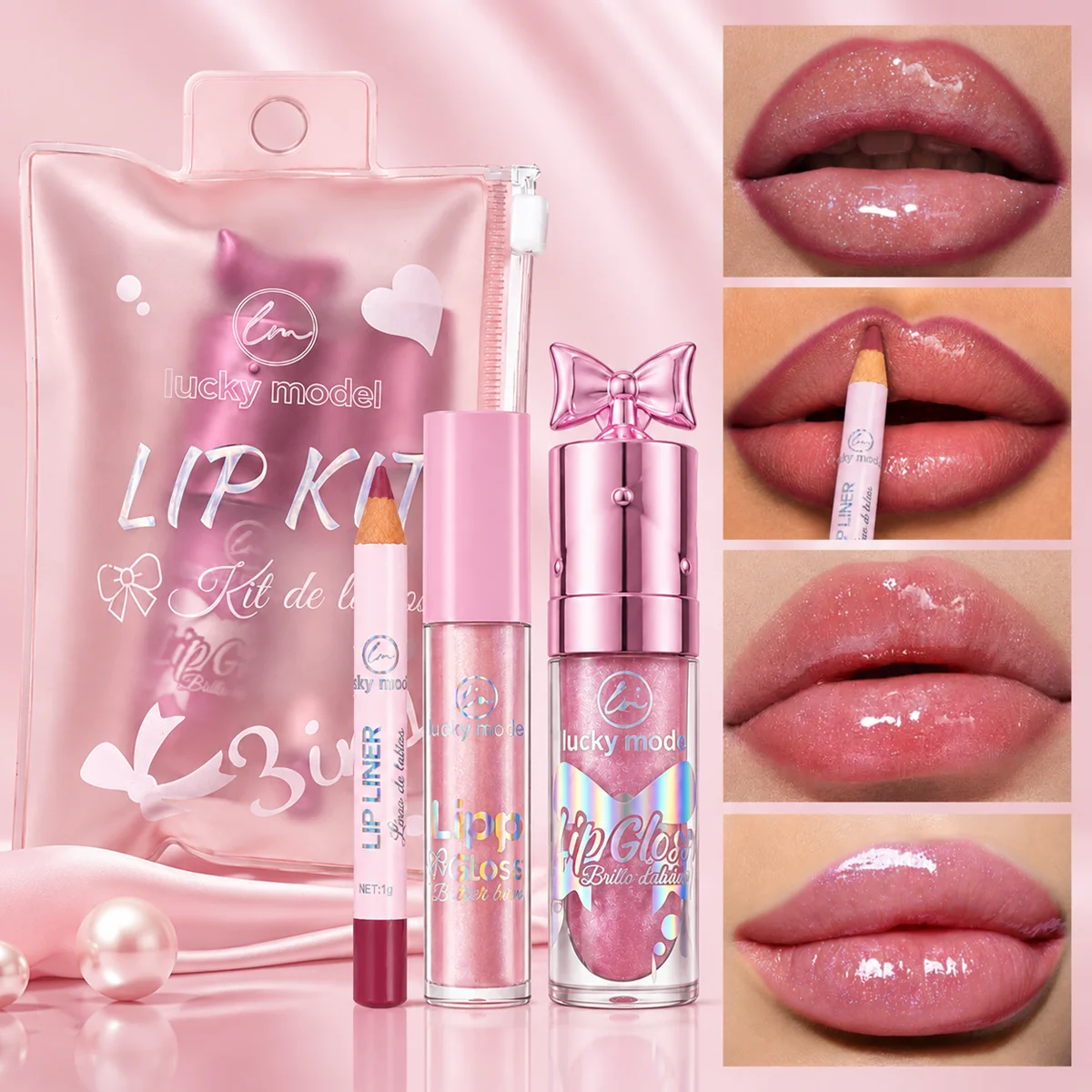 Lucky Model Lip Makeup Kit,Lip Liner Pencil&Shimmer Lip Gloss Set,Moisturizing Glitter Lip Gloss Long Wear Lip Line Pen