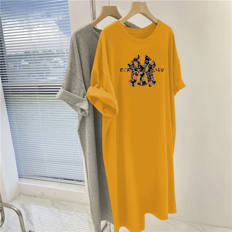 

Womens Clothing Short Sleeve Tunic, Summer Y2k Loose Casual Basic Straight Dress, Vintage Letter Printed Overknee Dresses