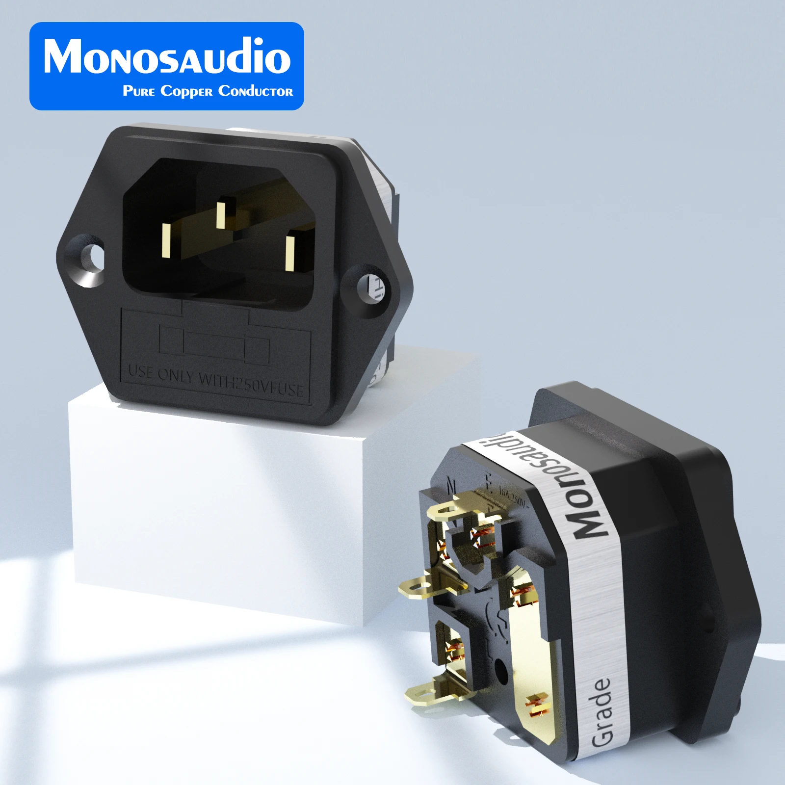 Monosaudio IF76G/R Pure Copper Fused IEC 320 C14 Socket 24K Gold Plated 2-pole+earth Connector Inlet with Fuse Holder